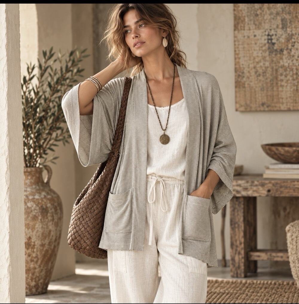 DONNI Anthropologie Gray Ivory Micro Stripe Duster Cardigan One Size